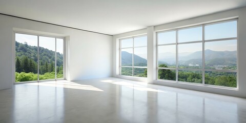 Obraz premium Minimalist Modern Room with Mountain View, Large Windows, Bright Interior, White Walls, Open Space, Minimalist Design, Interior Design
