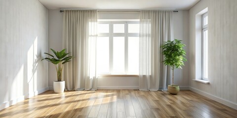 Fototapeta premium Minimalist Room with Wooden Floor and Sheer Curtains, Interior Design, Light and Airy, Window View, Home Decor, Natural Light, Interior