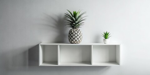 Minimalist White Shelf with Pineapple and Green Plant, Interior Design, Home Decor, White Shelf