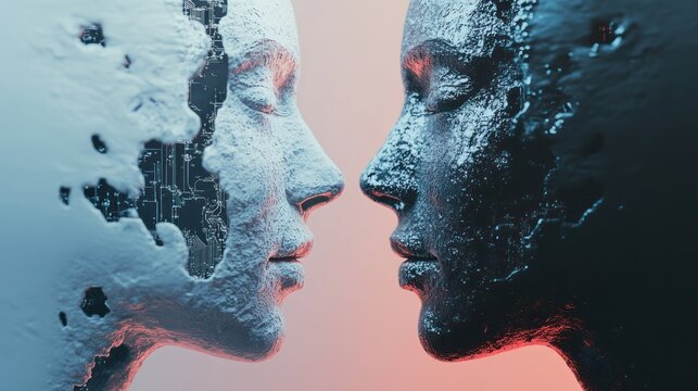 Two textured faces in profile looking at each other.
