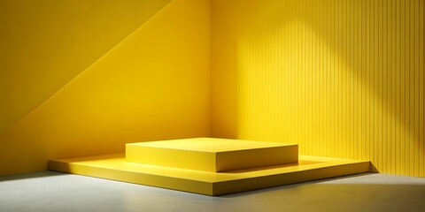 Obraz premium Minimalist Yellow Product Display, Two-Tiered Platform, Geometric Composition, Product Photography, Mockup, Minimalist Background, Yellow Walls