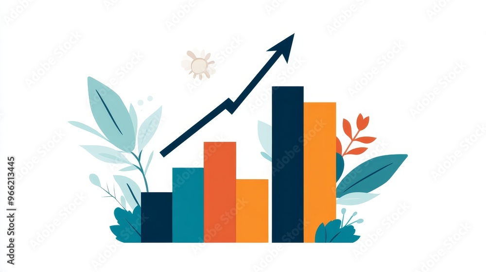 Poster a bar graph showing upward growth with an arrow pointing up, symbolizing progress, success, and a po
