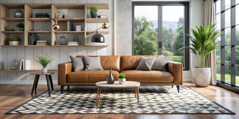 Modern Living Room Interior Design with Leather Sofa and Geometric Rug, interior design, living room, modern decor