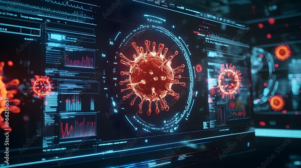 Poster an image showing a digital screen with a graphical representation of virus spread across a map.