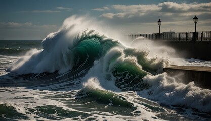 Powerful Ocean Waves Smash Against Pier