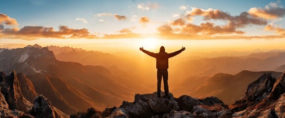 A breathtaking image capturing the silhouette of a person standing triumphantly on a mountain peak, arms raised towards the rising sun. This scene conveys themes of freedom, achievement, and the