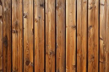 Obraz premium Wooden wall made of vertical planks, showcasing the natural grain and texture of the wood. The warm brown tones highlight the rustic charm.