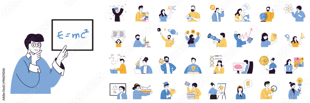 Poster Education concept mega set with character scenes in flat design for web. Bundle situations with people learning science, reading books, getting knowledge, making tests in lab. Vector illustrations.