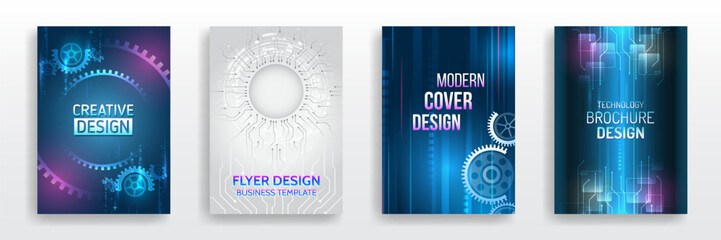 Page layout set for sci-fi. Set of high-tech covers for marketing. Modern technology design for posters. Futuristic background for flyer, brochure. Scientific cover template for presentation, banner.