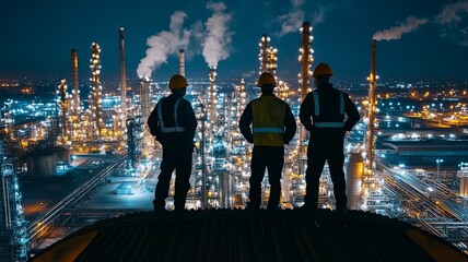 Teams Inspection engineers standing on top of a petrochemical oil refinery in night 