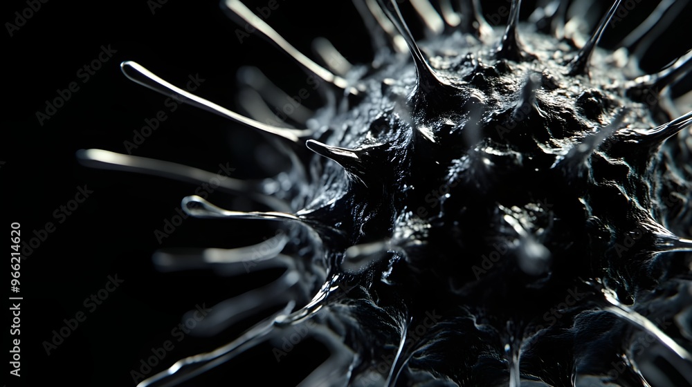 Poster a high-resolution stock photo showing a close-up, microscopic view of a virus particle with detailed