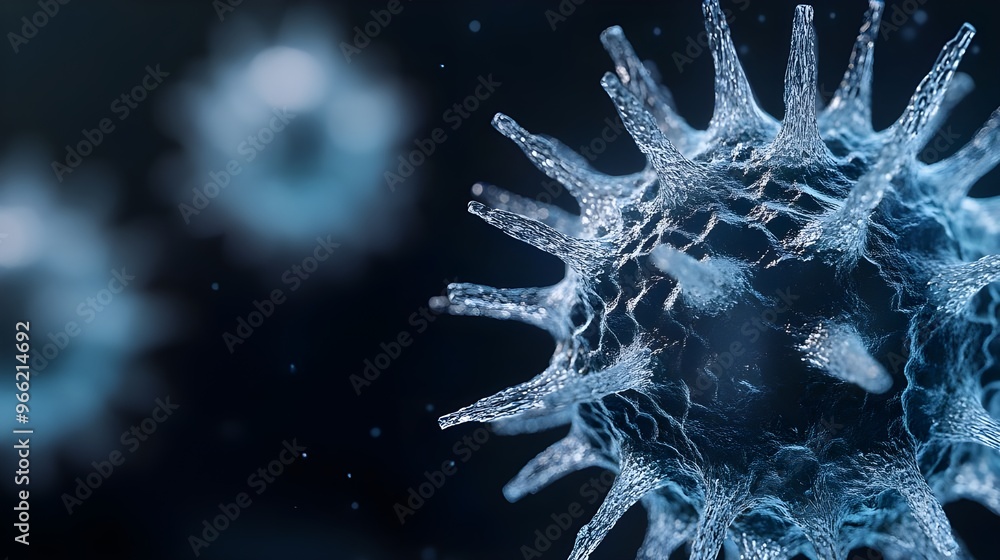 Poster a high-resolution stock photo showing a close-up, microscopic view of a virus particle with detailed