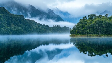 Naklejka premium Mystical rising fog, mountain forest landscape with reflections in lake, at reflection island at Lake Matherson in New Zealand 