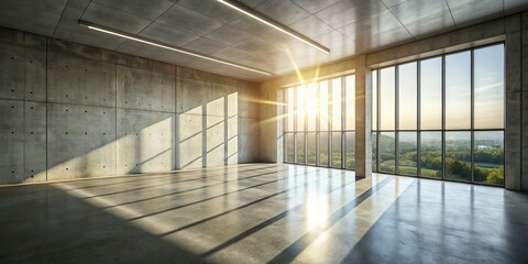 Sunlight Streaks Through a Concrete Room with a View, Modern, Interior Design, Architecture