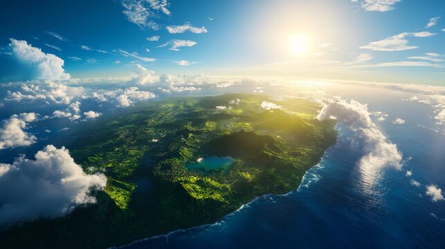 A breathtaking aerial view of the Hawaiian Islands, showcasing the lush green landscape and the surrounding ocean. The image captures the beauty of the islands from above, with the sun shining brightl