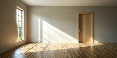 Sunlight Streaming Through a Window in an Empty Room with Wooden Floors, interior design, minimalist, wooden floor