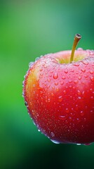 Red apple covered in water droplets against green background. Freshness and nature concept