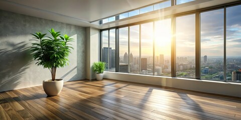 Sunlight Streaming Through Large Windows in Modern Apartment, Interior Design, City View, Architecture, Minimalist , interior design, city view