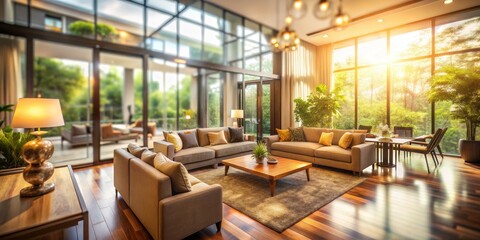 Naklejka premium Sunlight Streaming Through Modern Living Room Windows, Wide Angle Perspective, Brown Sofa, Wood Floor, Plants, Rug, Modern Interior Design