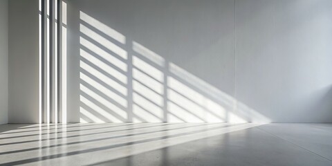 Obraz premium Sunlight Streaming Through Window Blinds, Minimalist Interior Design, White Wall, Concrete Floor, Light and Shadow, Architecture, Minimalism