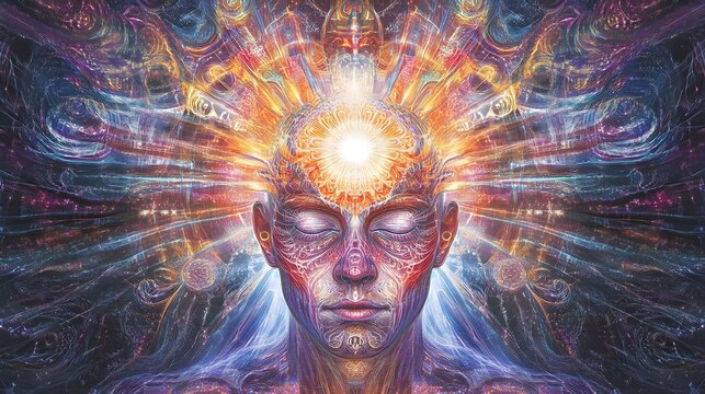 A detailed digital illustration of the pineal gland surrounded by radiant light and intricate, flowing energy patterns.