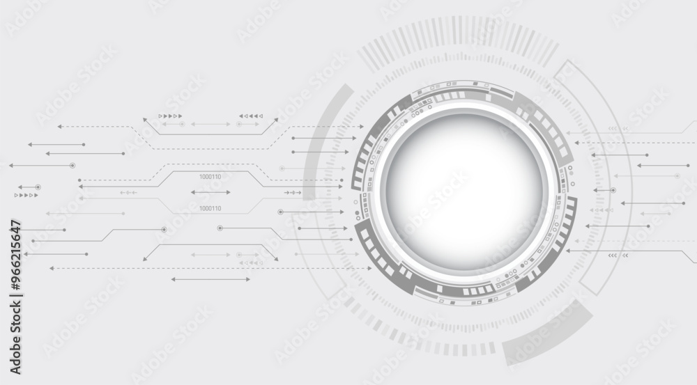 Leinwandbilder Abstract grey high tech background consisting of printed circuit board circles and other technological elements. Digital communication, data protection, futuristic presentation, science cover.