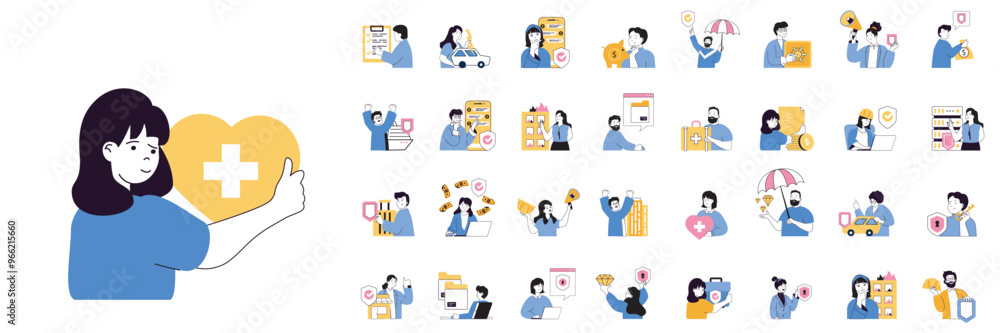 Aufkleber insurance concept mega set with character scenes in flat design for web. bundle situations with peop