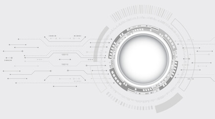 Abstract grey high tech background consisting of printed circuit board circles and other technological elements. Digital communication, data protection, futuristic presentation, science cover.