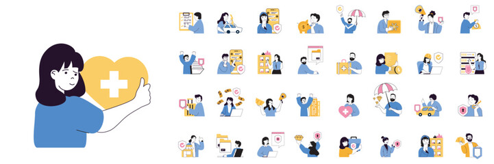 Insurance concept mega set with character scenes in flat design for web. Bundle situations with people using protection policy for saving health, documents, finance, business. Vector illustrations.