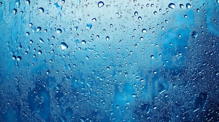 Water and rain drops on the glass, abstract view, Drops of rain on blue glass background / drops on glass after rain 