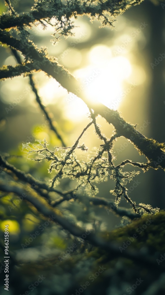 Aufkleber sunlit moss-covered branches in a forest, serene nature view