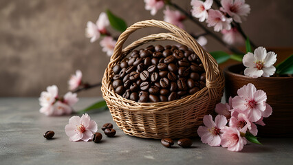 Wicker basket with roasted coffee beans cherry blossom