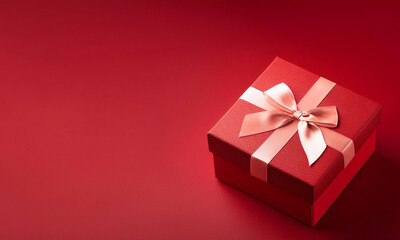 Obraz premium Red gift box with ribbon. Red background with copy space.