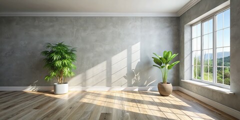 Sunlit Empty Room with Plants and Window View, Interior Design, Minimalist, Home Decor