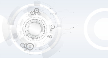 Fototapeta premium Cogwheel for science experiment presentation, Futuristic high tech concept. Business and industry internet banner. The mechanism consisting of gears on a gray background for the presentation.