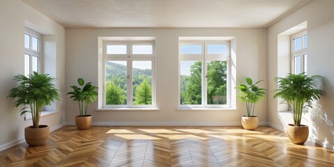 Fototapeta premium Sunlit Room with Herringbone Floor and Greenery, interior design, modern home, plants, hardwood floor
