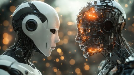 Two contrasting robots face each other intensely