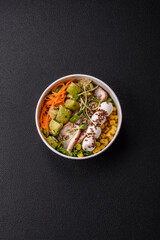 Delicious diet salad with turkey or chicken slices, lettuce, carrots, mozzarella