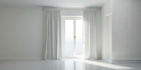 Fototapeta premium White Curtains and Window in an Empty Room, Interior Design, Minimalism, White Room, Photography , interior design , minimalism