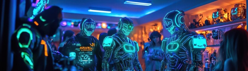 Fototapeta premium Halloween party with guests in glowing cybernetic costumes, UV blacklight, futuristic decorations, vibrant blues and greens, sharp and highly detailed