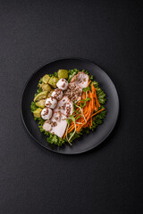 Delicious diet salad with turkey or chicken slices, lettuce, carrots, mozzarella