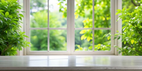 White Tabletop with Green Window View, Interior Design, Home Decor, Minimalist Style