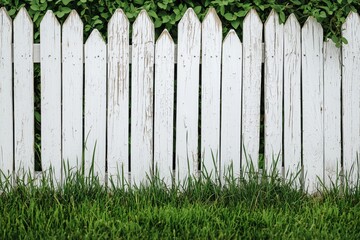 White picket fence with a background of green foliage and grass. The fence is weathered, showing signs of age with peeling paint and a rustic charm.