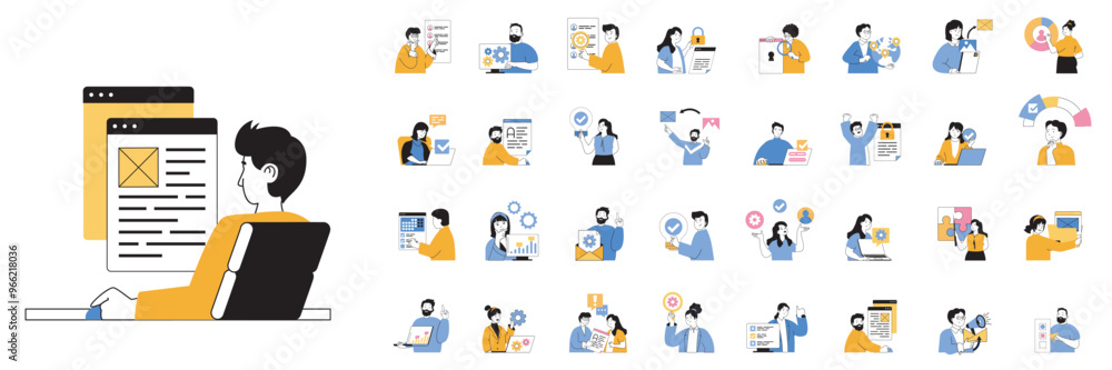 Poster Marketing and development concept mega set with character scenes in flat design for web. Bundle situations with people creating promotion strategy, target, starting advertising. Vector illustrations.