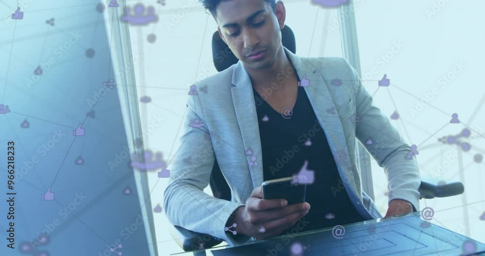 Aufkleber animation of network of connections with icons over biracial man using smartphone