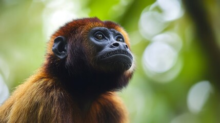 Fototapeta premium A close-up portrait of a Howler Monkey in its natural rainforest habitat. The monkey's fur is a rich, reddish-brown color, and its eyes are large and expressive. The image is taken from a low angle, g
