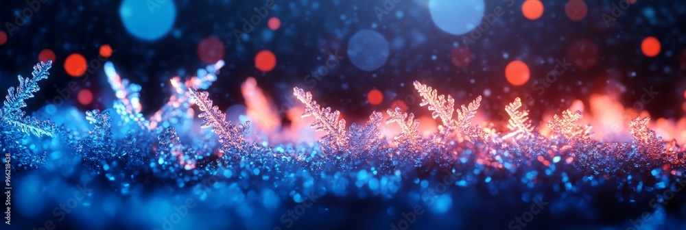 Poster a captivating close-up of delicate frost patterns on a branch, illuminated by warm, red-toned bokeh 