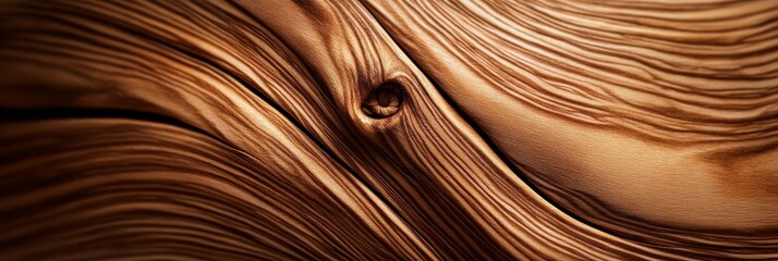 A captivating close-up of wavy wood grain, showcasing a natural, intricate pattern with two prominent knots. The warm brown hues and flowing lines evoke a sense of depth, organic beauty, and rustic ch