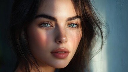Obraz premium A captivating close-up portrait of a young woman with soft, glowing skin. Her eyes sparkle with a hint of mystery, framed by full, defined eyebrows. A gentle blush graces her cheeks, adding a touch