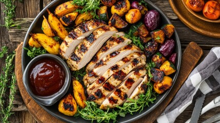 A platter of sliced grilled chicken breast with a side of roasted vegetables and a drizzle of barbecue sauce, set on a picnic table, symbolizing a hearty meal.